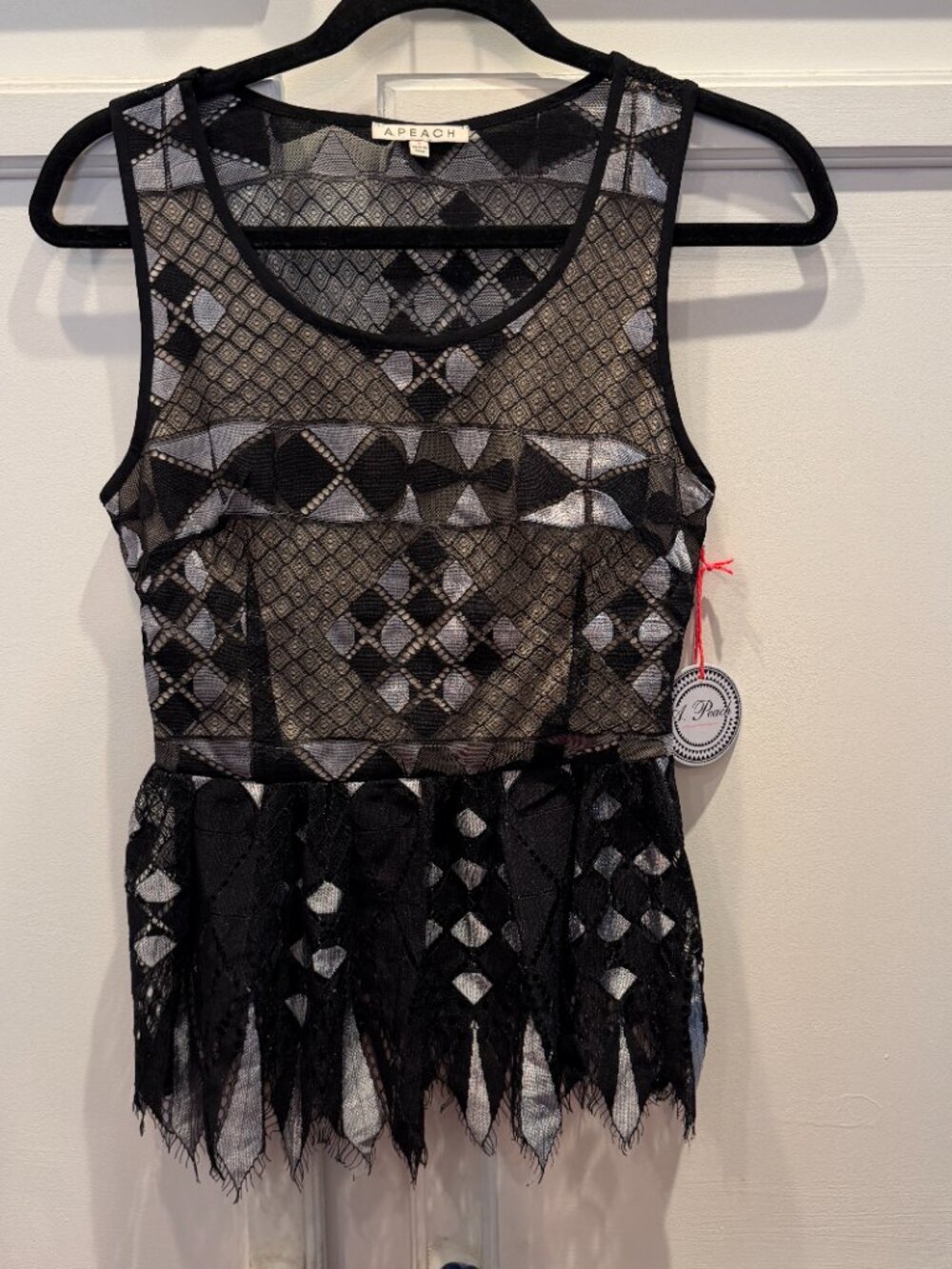 A.PEACH NWT Black & Silver Geometric Knit Metallic Tank Blouse Size S